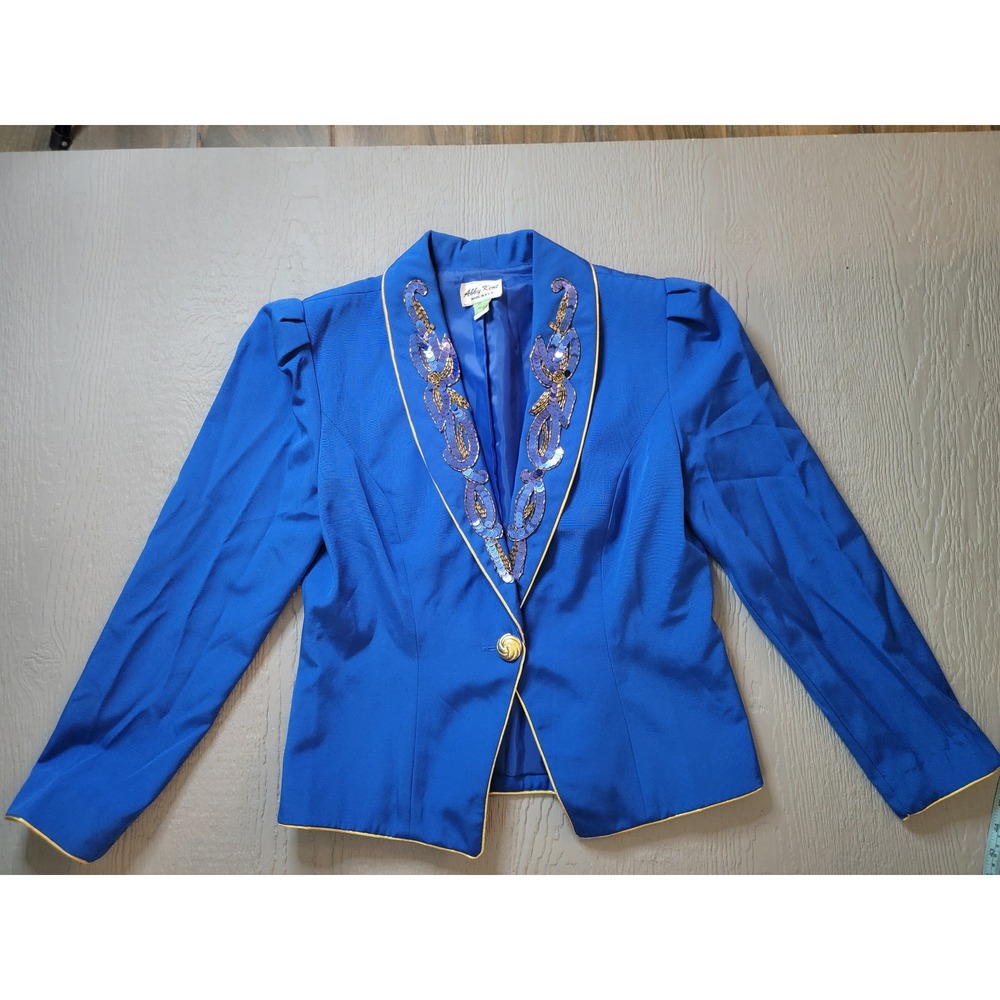 VintageAbby Kent Blue Sequin Beaded Blazer Gold Trim Vintage Made in USA Size 10